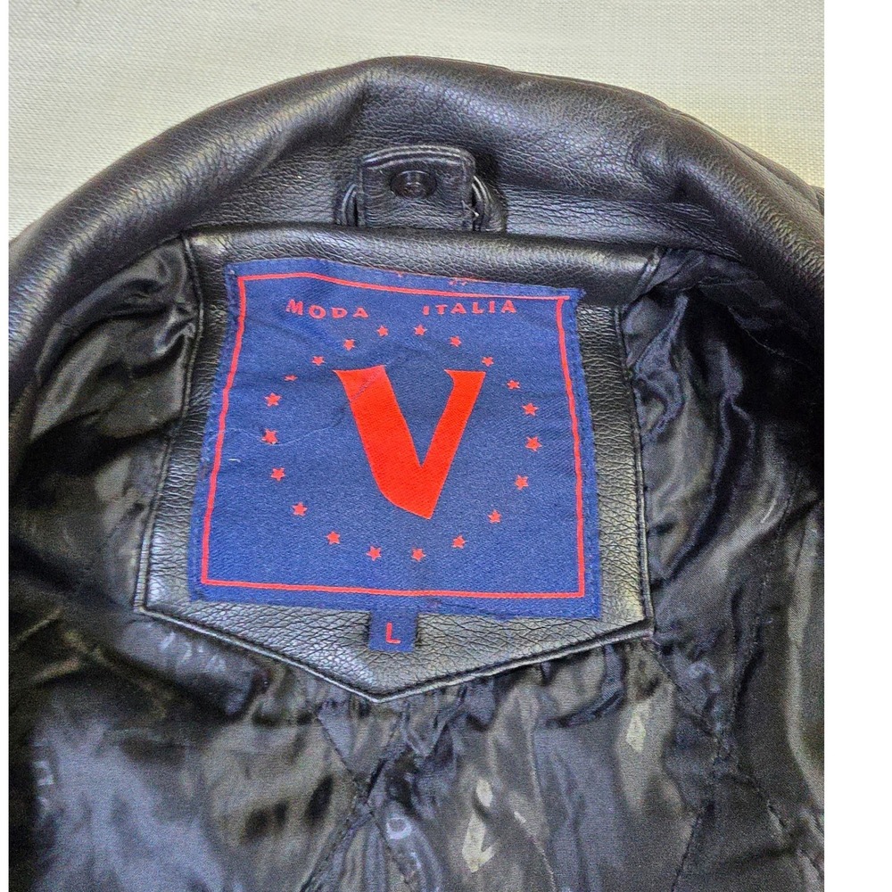 Moda Italia Mens Black Leather Biker Vest Quilted Collar L Pockets Moto Gorpcore